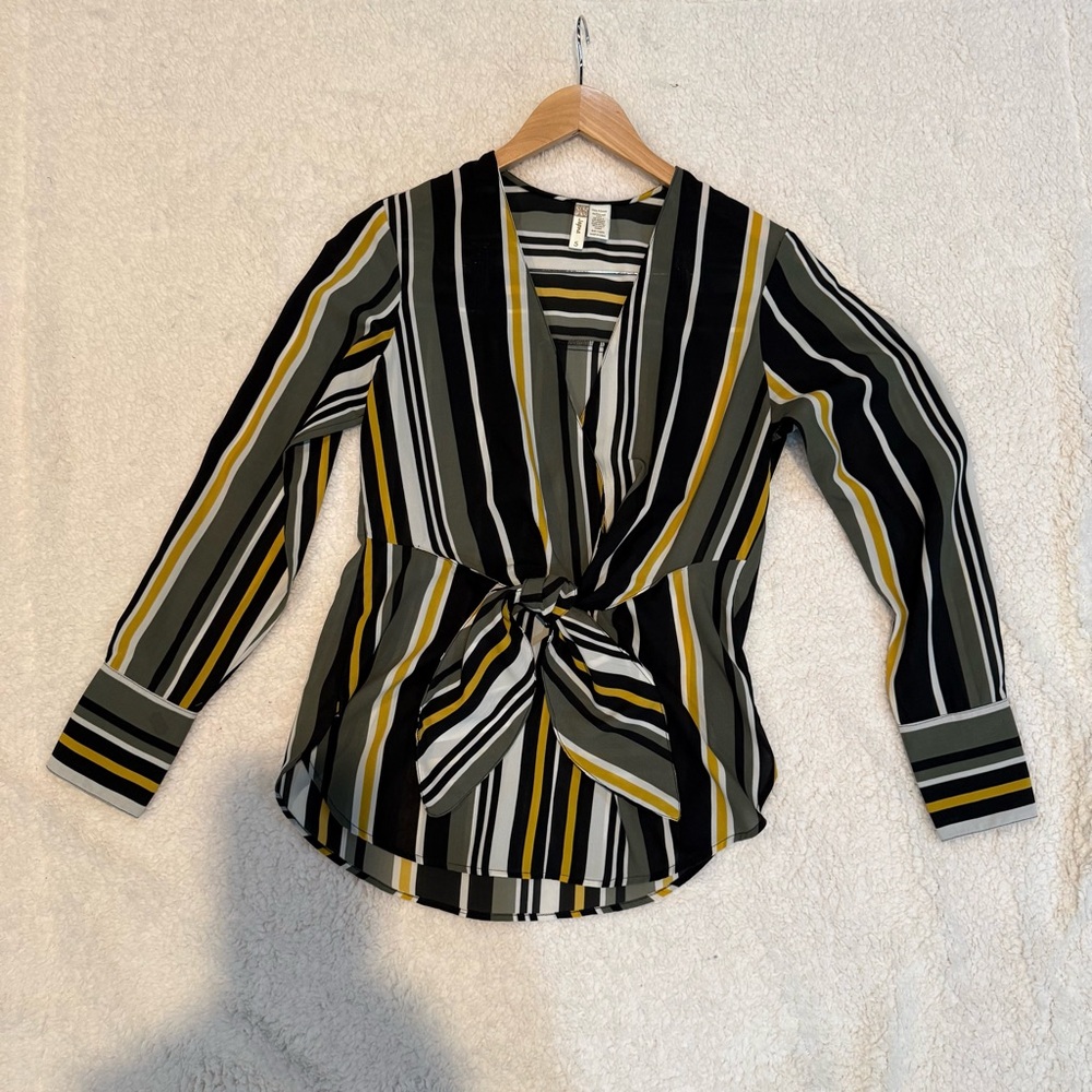 Striped Tie-Front Blouse - Black, Olive, White & Mustard